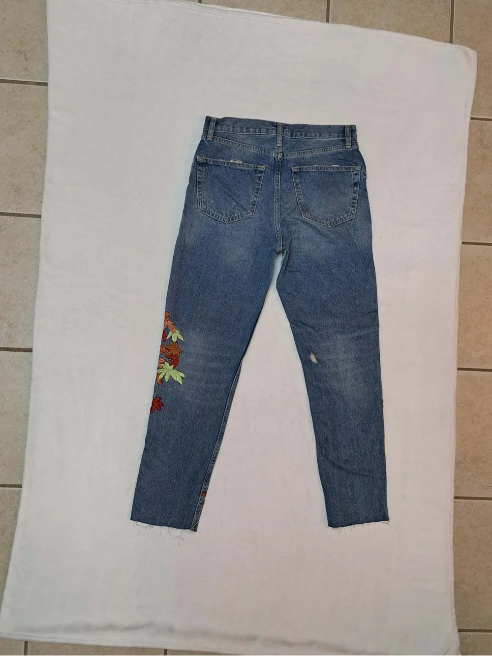 Zara Premium High-waist Cropped Denim and Satin Embroidery Panel Jeans